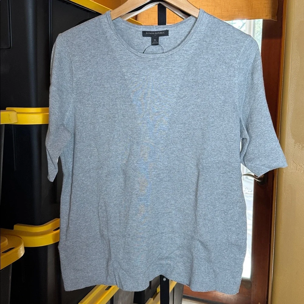 NWT Banana Republic Gray Short Sleeve Knit Sweater Cotton Blend Crewneck Size XL